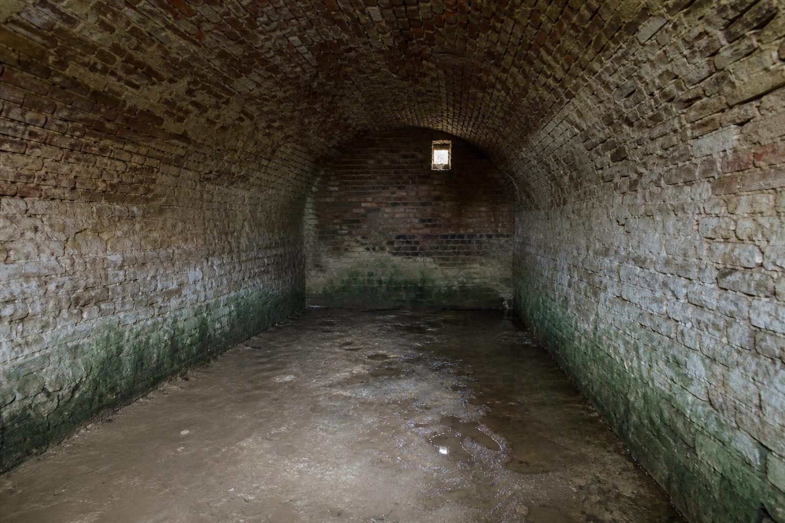Cave voûtée en brique présentant une auréole d’humidité en bas de mur